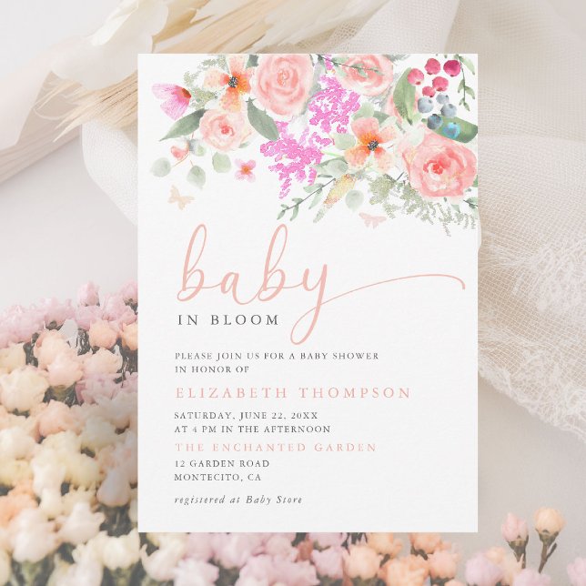 Baby in Bloom Sunny Garden Floral Girl Baby Shower Invitation (baby in bloom invitation colorful floral elegant modern calligraphy sunny garden party backyard)