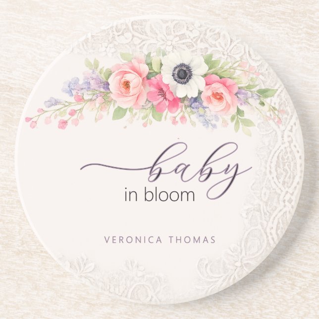 Baby in Bloom Sweet Floral Baby Shower Coaster (Front)