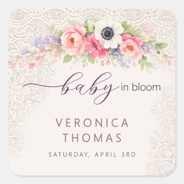 Baby in Bloom Sweet Floral Baby Shower Square Sticker (Front)