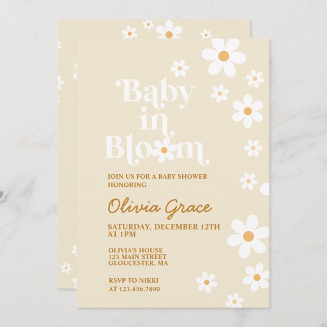 Baby in Bloom tan Daisy Baby Shower Invitation (Front/Back)
