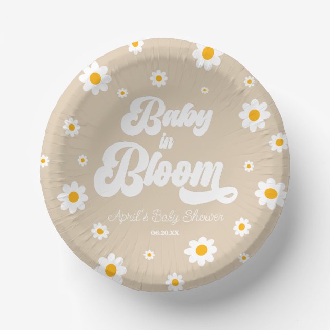 Baby In Bloom Tan Daisy Flower Floral Baby Shower Paper Plate (Front)