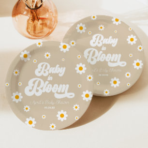 Baby In Bloom Tan Daisy Flower Floral Baby Shower Paper Plate