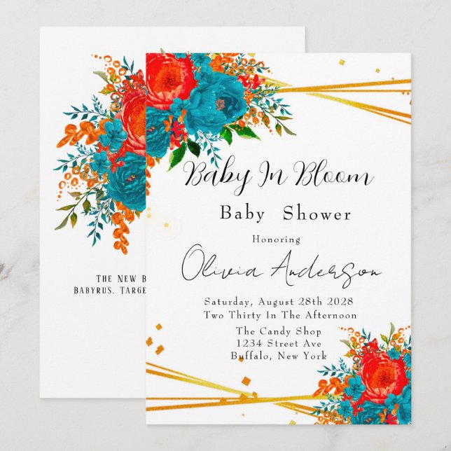 Baby in Bloom Teal Orange Baby Shower Invitation (Front/Back)