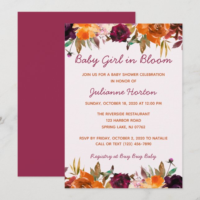 Baby In Bloom Watercolor Floral Baby Shower Invitation (Front/Back)