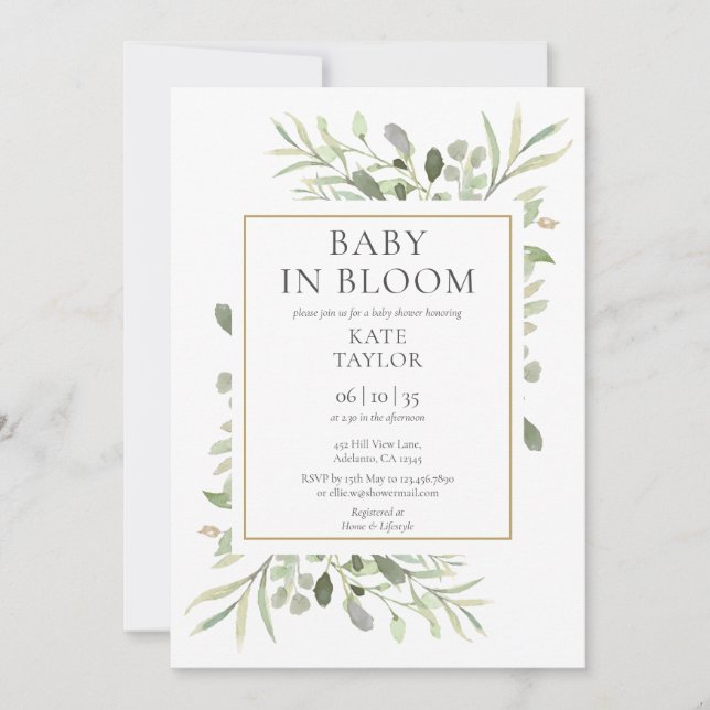 Baby In Bloom Watercolor Greenery Baby Shower Invitation (Front)