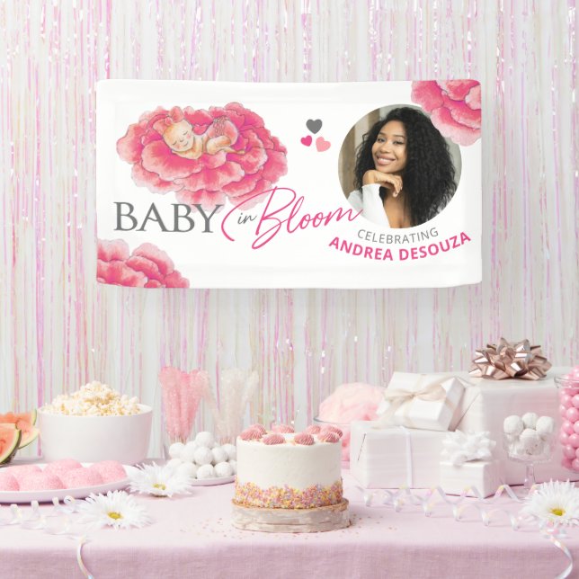 Baby in bloom watercolor pink photo baby shower banner (Party)
