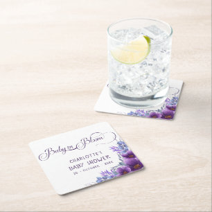Baby In Bloom Watercolor Purple Flower Baby Shower Square Paper Coaster