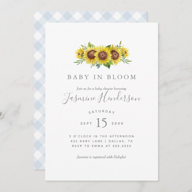 Baby in Bloom Watercolor Sunflower Baby Shower Inv Invitation (Front/Back)