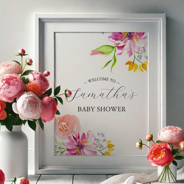 Baby in Bloom Welcome Sign – Pink Floral (Baby in Bloom baby shower themes features welcome sign watercolor flowers in pink)