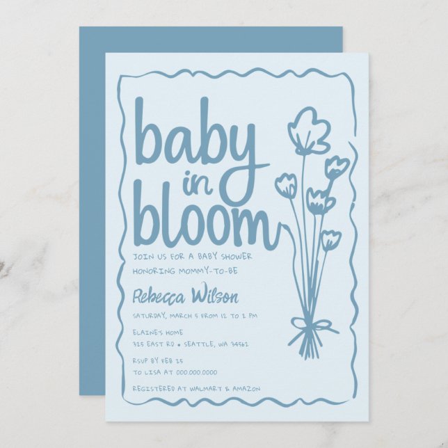 Baby in Bloom Whimsical Hand Drawn Boy Baby Shower Invitation (Front/Back)