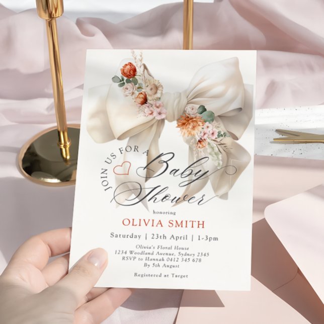 Baby in Bloom White Bow Fall Floral Baby Shower Invitation (Creator Uploaded)