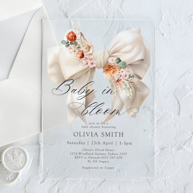 Baby in Bloom White Bow Floral Baby Shower Acrylic Invitations (Creator Uploaded)