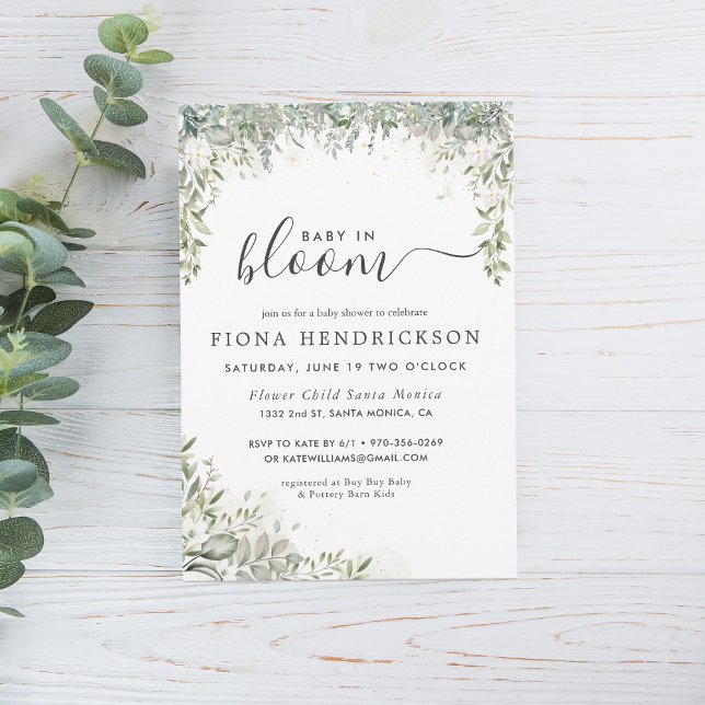 Baby in Bloom | White Floral Greenery Baby Shower Invitation (Creator Uploaded)