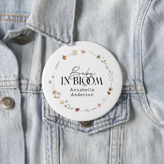 Baby in bloom wildflower baby shower 10 cm round badge (In Situ)