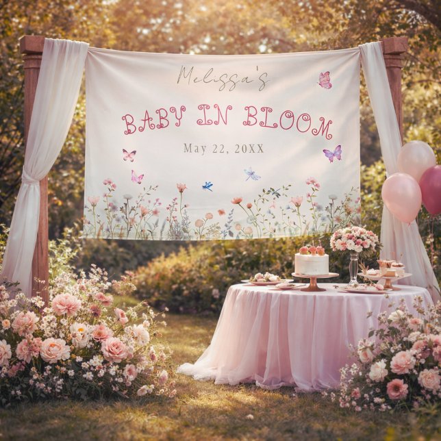 Baby in Bloom Wildflower Backdrop Banner (Elegant ivory baby in bloom backdrop with soft florals and dreamy garden setup)