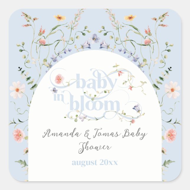 Baby in Bloom Wildflower Blue Boy Baby Shower Square Sticker (Front)