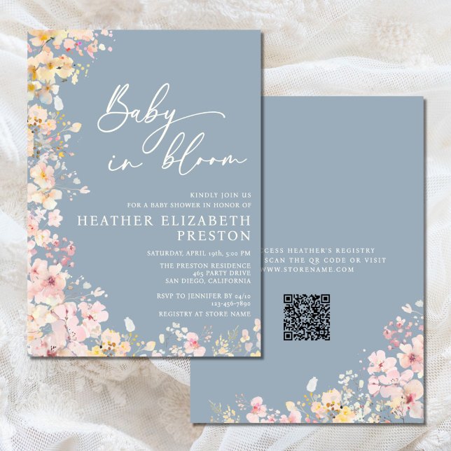 Baby In Bloom Wildflower Dusty Blue Baby Shower Invitation (Creator Uploaded)