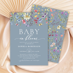 Baby in Bloom Wildflower Dusty Blue Baby Shower  Invitation