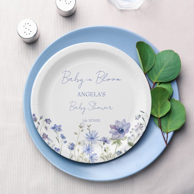Baby in bloom Wildflower dusty blue baby shower Paper Plate (Baby in bloom dusty blue Wildflower baby shower personalized decor monogram  printed Paper Plates )