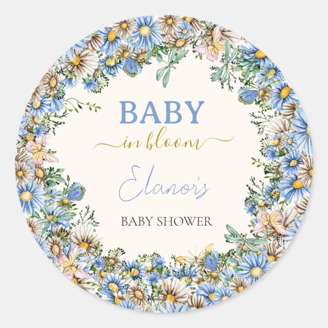 Baby in Bloom Wildflower Elegant Boy Baby Shower Classic Round Sticker (Front)
