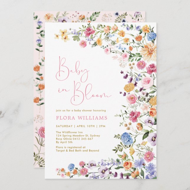 Baby in Bloom Wildflower Girl Baby Shower Invitation (Front/Back)