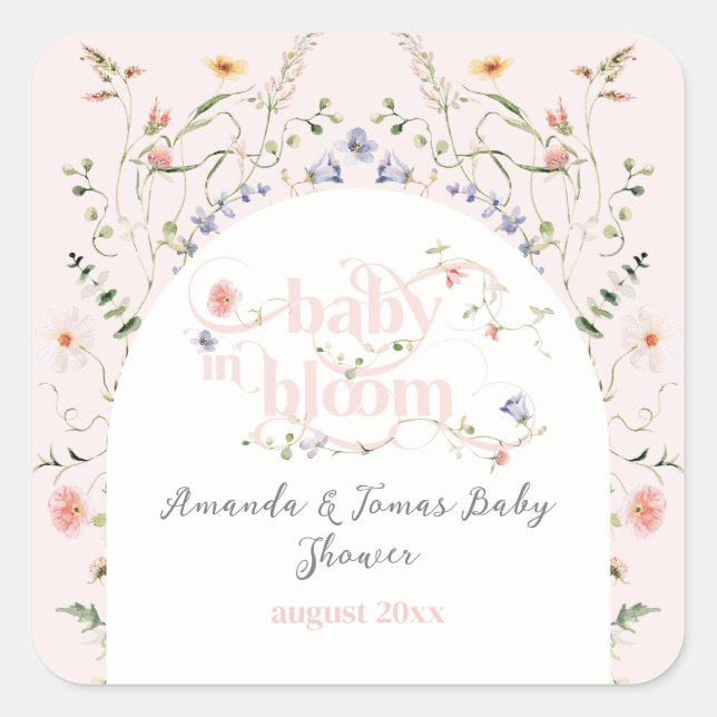 Baby in Bloom Wildflower Girl Pink Baby Shower Square Sticker (Front)