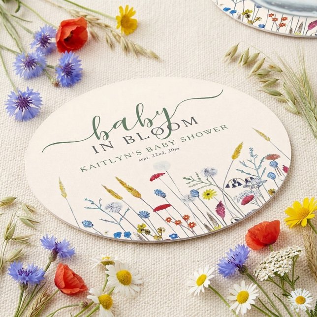 Baby in Bloom Wildflower Meadow Baby Shower Round Paper Coaster (Creator Uploaded)