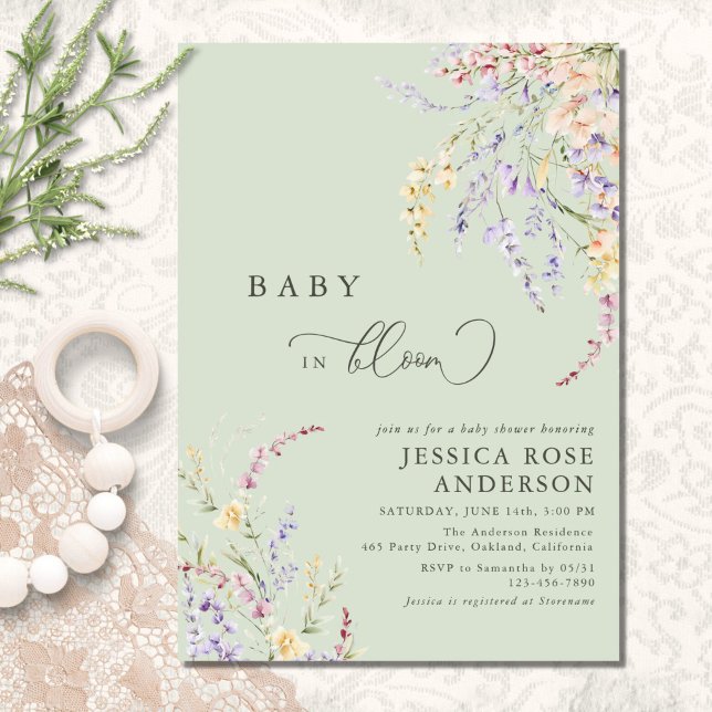 Baby In Bloom Wildflower Sage Green Baby Shower  Invitation (Creator Uploaded)