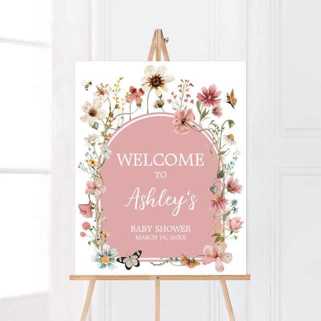 Baby in Bloom Wildflower Welcome Poster (Muted Pink Spring Flowers Baby Shower Welcome Sign)