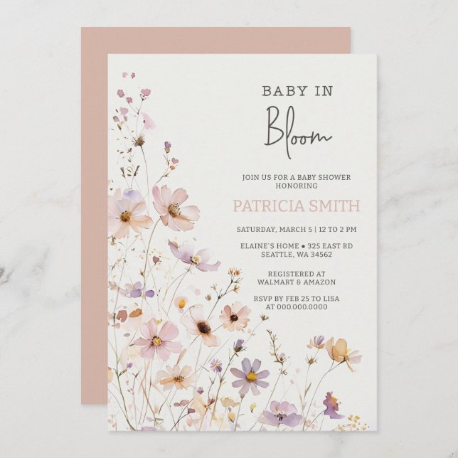 Baby in Bloom Wildflowers Baby Girl Baby Shower Invitation (Front/Back)