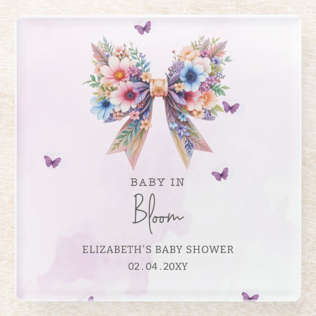 Baby in Bloom Wildflowers Bow Girl Baby Shower Glass Coaster (Front)