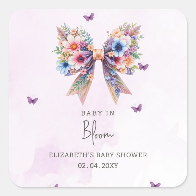 Baby in Bloom Wildflowers Bow Girl Baby Shower Square Sticker (Front)