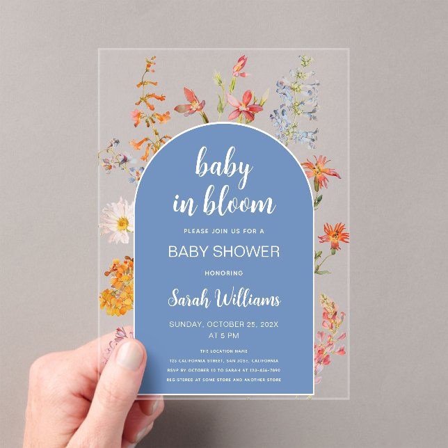 Baby in Bloom Wildflowers Boy Shower Blue Arch  Acrylic Invitations (Insitu (Handheld))