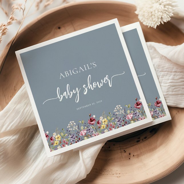 Baby in Bloom Wildflowers Dusty Blue Baby Shower Napkin (Creator Uploaded)