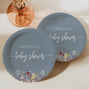 Baby in Bloom Wildflowers Dusty Blue Baby Shower Paper Plate