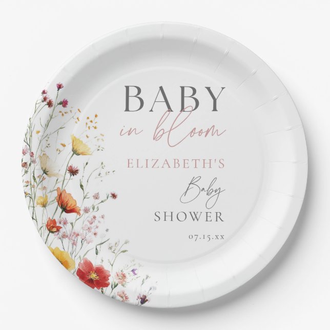 Baby In Bloom Wildflowers Floral Baby Shower Paper Plate (Front)