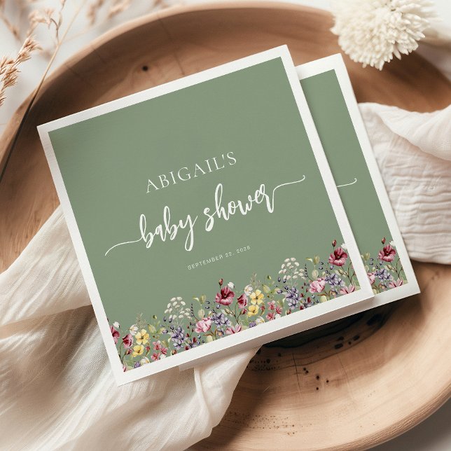 Baby in Bloom Wildflowers Sage Green Baby Shower Napkin (Creator Uploaded)
