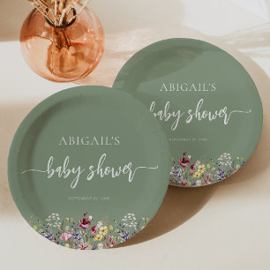 Baby in Bloom Wildflowers Sage Green Baby Shower Paper Plate