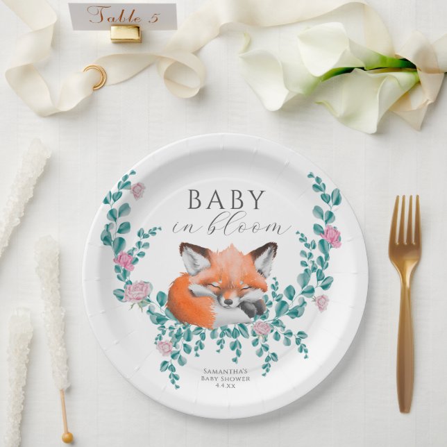 Baby in Bloom Woodland Fox Greenery Baby Shower Paper Plate (Wedding)