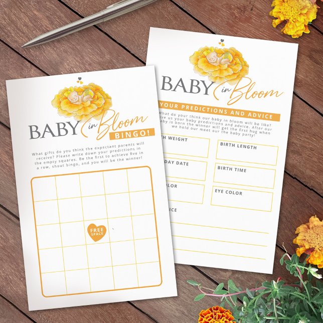 Baby in bloom yellow baby shower bingo predictions flyer (Creator Uploaded)