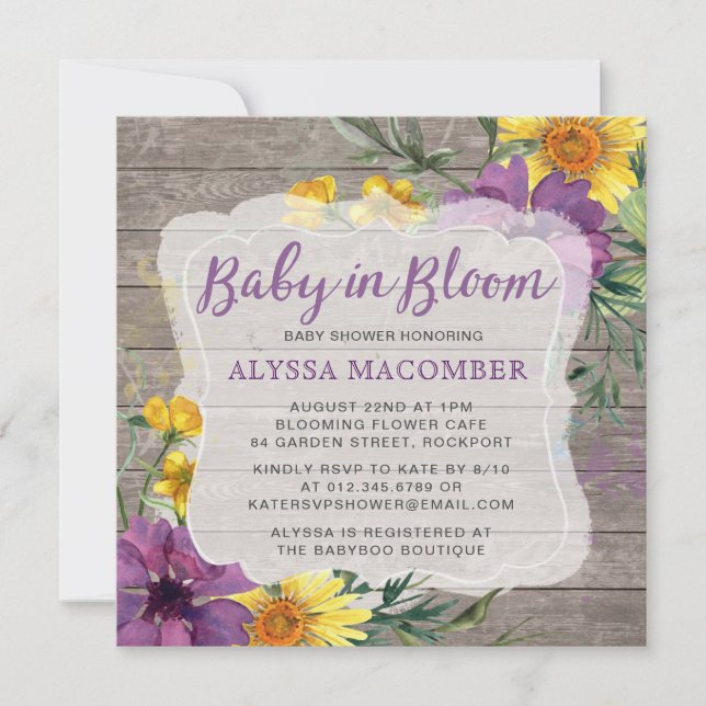 Baby in Bloom Yellow Purple Baby Shower Invitation (Front)