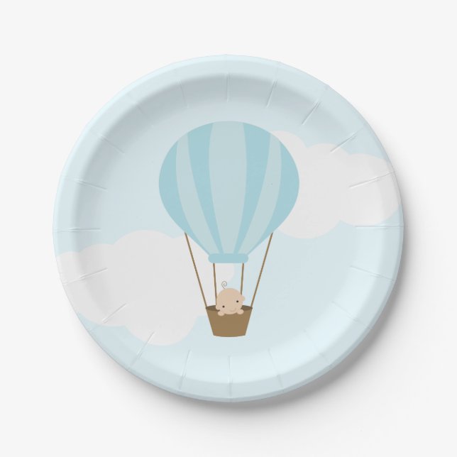 Baby in Blue Hot Air Balloon Baby Shower Paper Plate (Front)