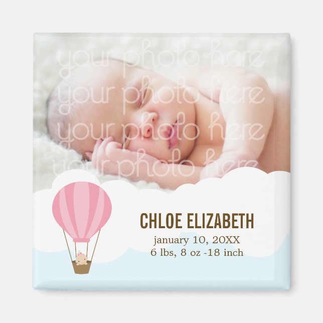 Baby in Pink Balloon Baby Birth Announcements Magnet (Front)