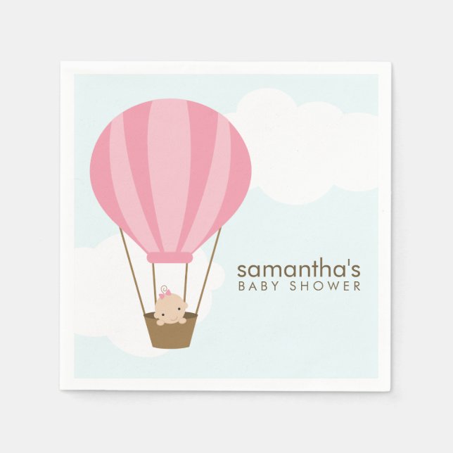 Baby in Pink Hot Air Balloon Baby Shower Napkin (Front)