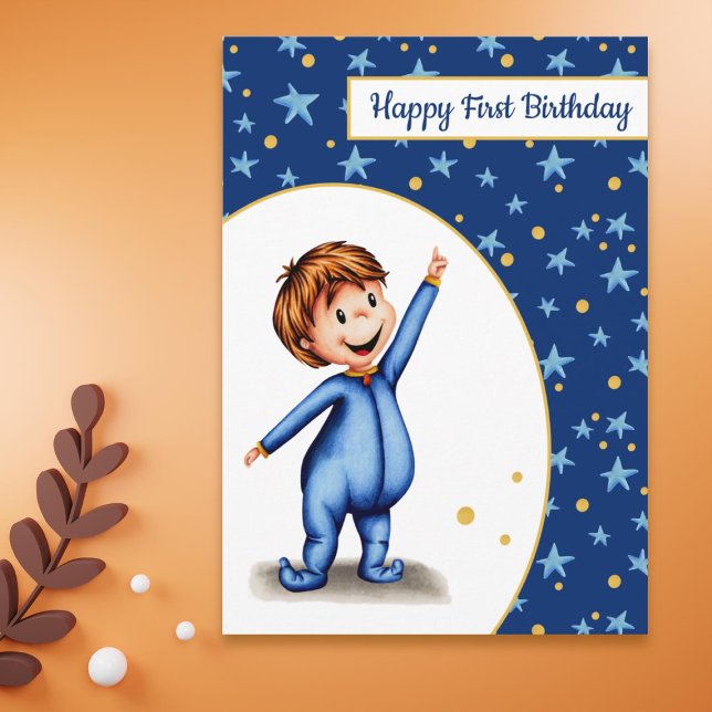 Baby in Pyjamas Blue and Yellow First Birthday Card (Creator Uploaded)