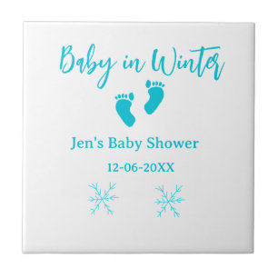 Baby in Winter baby shower blue baby feet snowflak Ceramic Tile