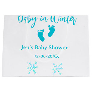 Baby in Winter baby shower blue baby feet snowflak Large Gift Bag