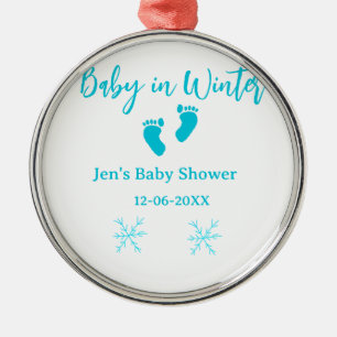 Baby in Winter baby shower blue baby feet snowflak Metal Ornament