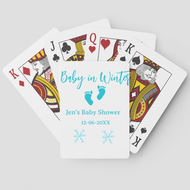 Baby in Winter baby shower blue baby feet snowflak Playing Cards (Back)