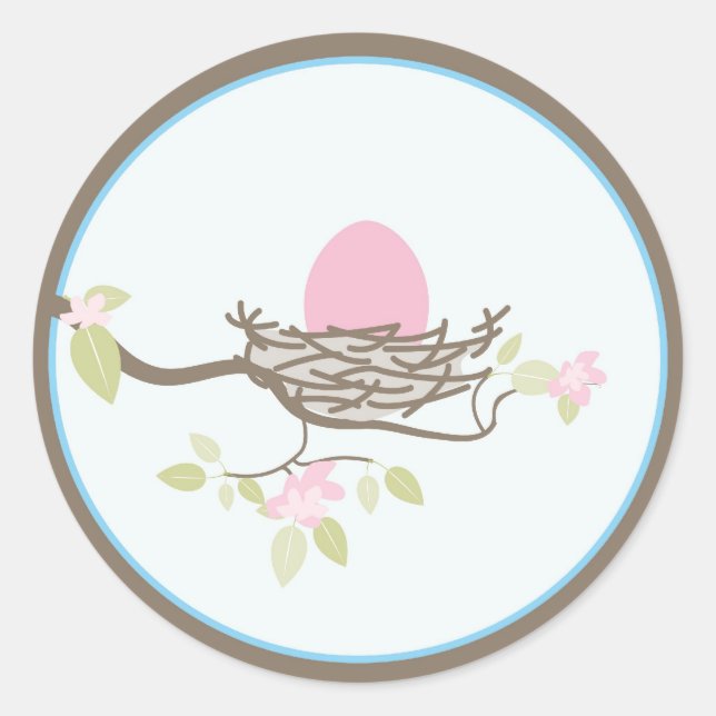 Baby Invitation or Favour Sticker -Pink Egg in Nes (Front)